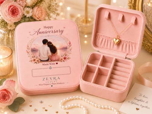 Image of Happy Anniversary Personalized Jewellery Box with free Anti Tarnish Heart Pendant Necklace & Gift Bag | Custom Name Gift for Wife |Gift for Couple |