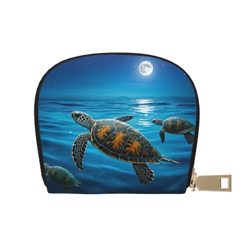 Starry Skies and Sea Turtles Print Credit Card Holder, PU Leather Small Card Bag Wallets with Zipper for Women Men id Business Card