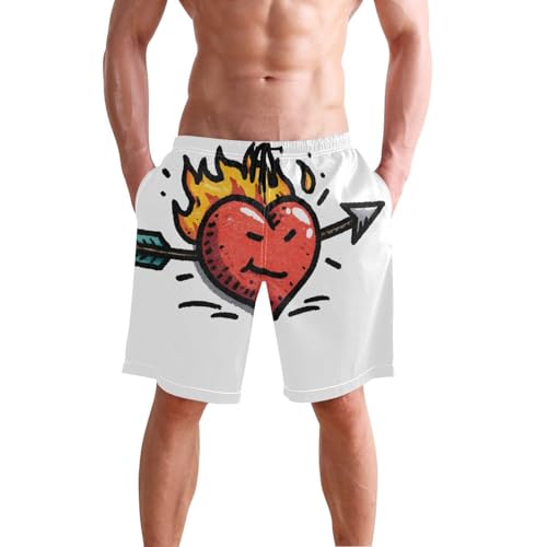 Men's Swim Trunks Heart with Arrow Print, Quick Dry Beach Board Shorts with Lining-S