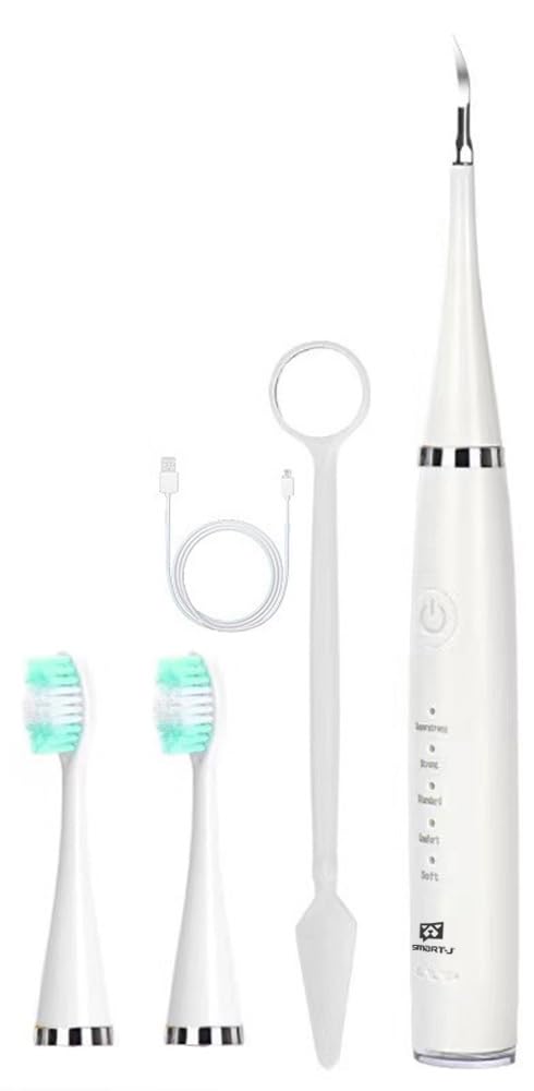 SMART-J -Spazzolino Elettrico Ricaricabile con Testine di Ricambio e Punta Antitartaro | Pulizia Profonda Multifunzione con Modalità Selezionabili,Design Ergonomico e Ricarica USB (White, Standard)