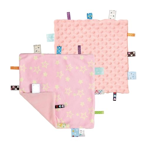 Image of CREVENT Soft Baby Lovey Security Blanket, Small Plush Comfort Blanket for Baby Girls, Sensory Soothing Toy, Newborn, 10 inch x 10 inch 2pcs