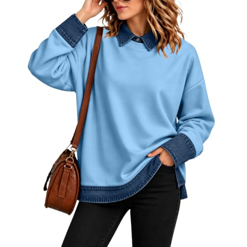 Polo Shirts for Women Denim Patchwork Button Collared Long Sleeve Top - image 5