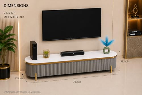 Image of Mazzo Modern TV Unit /Console - 70 inchx12 inchx18 inch White Marble Top with Golden Acrylic, Waterproof Plywood & Charcoal Louvers - Media Cabinet | Modern TV Stand Console Without Storage (Gray)