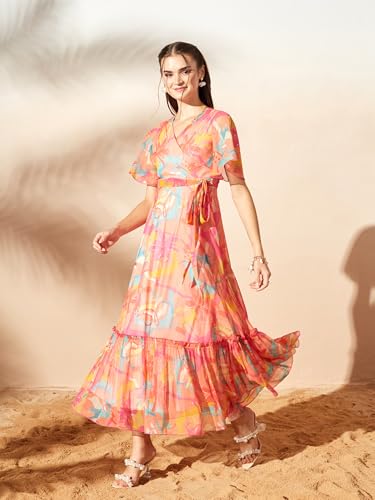 Image of Miss Chase Women's Floral V-Neck Flutter Sleeve Wrap Chiffon Maxi Dress