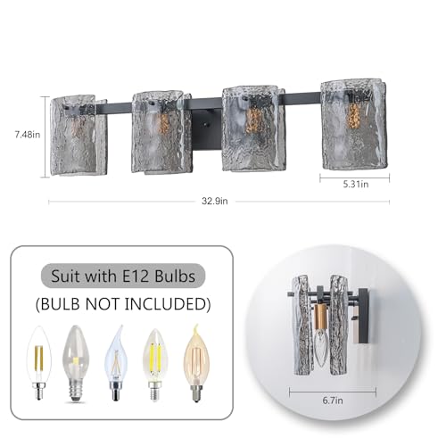 Image of EDISLIVE Vintage Bathroom Vanity Light Black 4-Light Bath Wall Light Fixture with Ripple Block Shades Glass 32.9 inch E12 Antique Wall Sconce for Bedroom Hallway Living Room Vanity Mirror