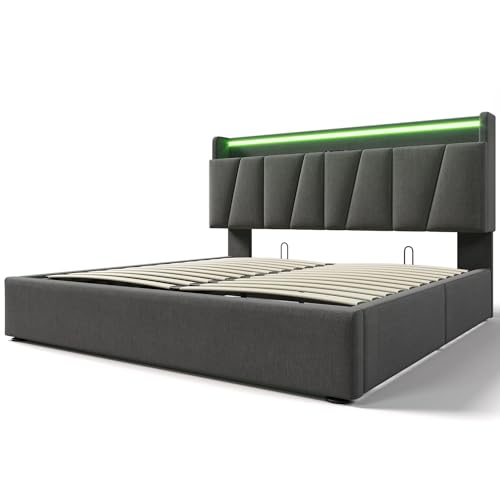 VSOGA Polster-Doppelbett 140x200 cm mit USB Ladefunktion, LED und Stauraum, Leinenmaterial, Bettgestell mit Lattenrost, Grau, Inklusive Matratze – Bild 6