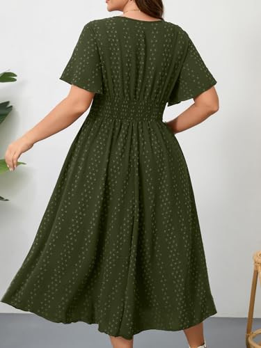 Image of RWJ Women's Plus Size Maxi Dress V Neck Short Sleeve Swiss Dot A Line High Waist Boho Swing Casual Summer Dresses