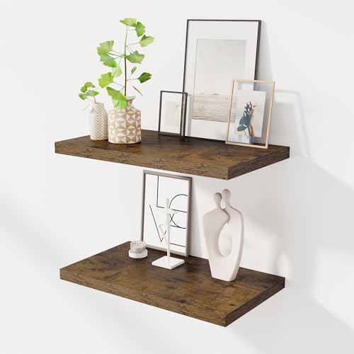 Image of Dreamland 24 inch Floating Shelves for Wall, 12 inch Deep Slim Rustic Brown Floating Shelves, Wall-Mounted Shelves for Bedroom, Living Room, Kitchen, Bathroom - Set of 2