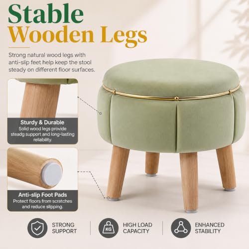 Image of Velvet Upholstered Round Ottoman Footstool | Anti-Slip Feet | Multipurpose Footrest, Step Stool & Vanity Seating & Decor | 40 x 30 cm (16 x 12 Inch) | Light Green