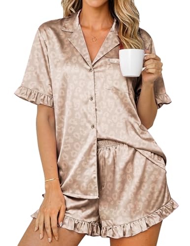 Image of Ekouaer Womens Satin Pajamas Set 2 Piece Button Down Silk Pjs Ruffle Short Sleeve Shorts Set Notch Collar Sleepwear