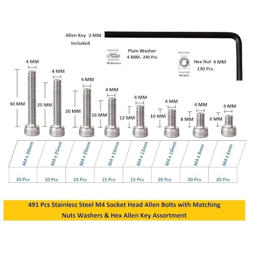 Image of Metric M4 Stainless Alloy Steel 202 Grade Socket Head Cap Screws Nuts Allen Bolt Washer with Allen Keys Assortment Kit Set with Storage Box Pack of 491 Pcs