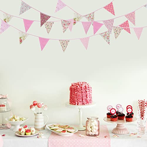 Image of Zwiebeco 39Ft Pink Floral Fabric Bunting Banner Triangle Flag Party Decorations Hanging Cotton Rustic Vintage Flowers Garland Pennants for Wedding Birthday Tea Nursery Home Outdoor Garden Accessories