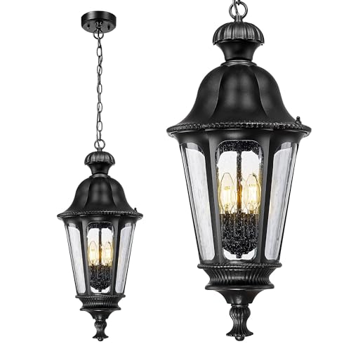 Image of Motion Sensor Outdoor Hanging Light, HWH 360 Detection Outdoor Pendant Light for Porch, Exterior Hanging Lantern with Seeded Glass, Matte Black Finish, 5HW90H-L-SE BK