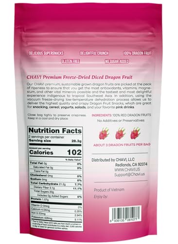 Image of CHAVI Freeze-Dried Diced Dragon Fruit Snack | 12 oz | Pack of 6 x 2 oz - Healthy 1 Ingredient Superfood - No Added Sugars or Preservatives - Non-GMO, Vegan, Gluten-Free