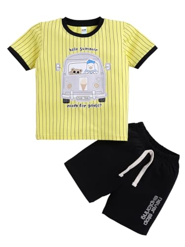 Image of LITTLE NINJA Pure Cotton Knee Length Half Sleeve School Bus Printed Tee & Shorts Set - Yellow 0-6M