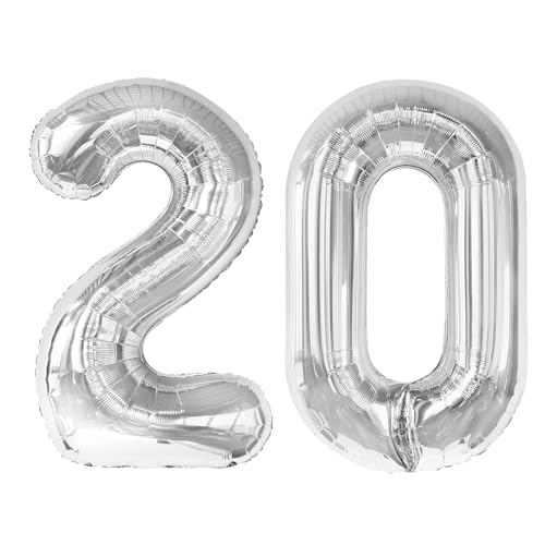 Image of Silver Number 20 Balloon 40 inch, 20 Number Balloons, 20th Silver Birthday Decorations, 20 Year Old Silver Party Supplies