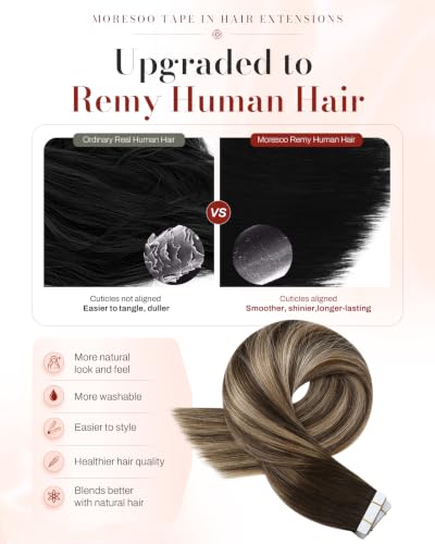 Image of Moresoo Tape Hair Extensions Caramel Balayage 24in 20Pcs 50g | Tape hair extensions real human hair, extra-long strands, dark brown base, caramel dimension, braids and evening events