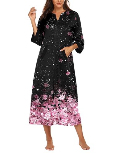 Image of Ekouaer Women Zipper Robe 3 /4 Sleeves Loungewear Dress Full Length Sleepwear Pockets Housecoat Nightgown Long Bathrobe