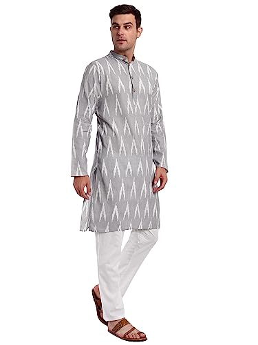 Image of SKAVIJ Men's Pure Cotton Printed Kurta Pajama Set Ikat Design Casual Ethnic Dress