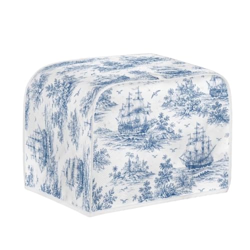 Image of Talayituse Toile De Jouy Sailboat Print 2 Slice Toaster Dust Covers Kitchen Small Appliance Cover, Stain Resistant Dust Protection Bread Machine Cover with Top Handle, S