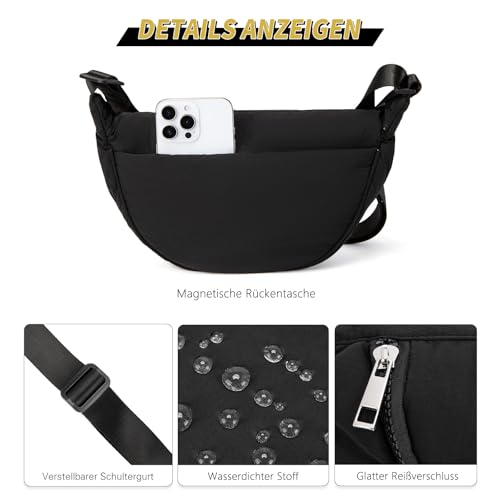 GASSDA Crossbody Bag Damen Halbmond Umhängetasche Nylon Schultertasche Moon Bag mit Verstellbarem Gurt (Schwarz)