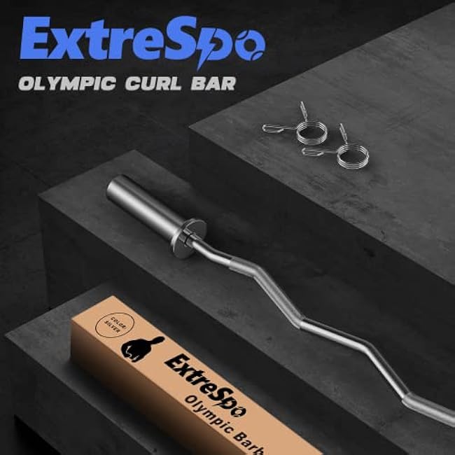 Olympic EZ Curl Barbell Bar, 47 EZ Curl Bar for Weight Lifting, Biceps, triceps, Back/Leg Muscle Group exercise,Chrome Curling Bar for 2 Inch Weight Plates,with 2 Spring Collars