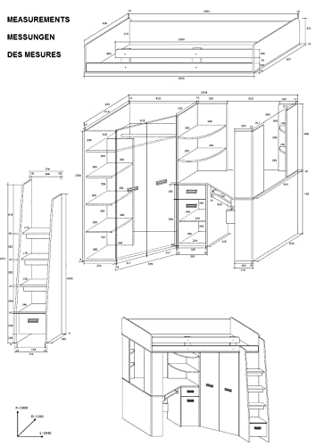 Hochbett mit Schreibtisch, Schubladen und Regalen von FurnitureByJDM