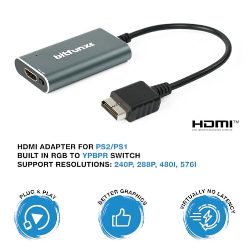 Image of BITFUNX PS2 /PS1 /PS One HDMI Adapter - Built in RGB /Component, Plug & Play Video Game Adapter with No Lag, HDMI Converter Allows Any PS to Connect to Any HD TV