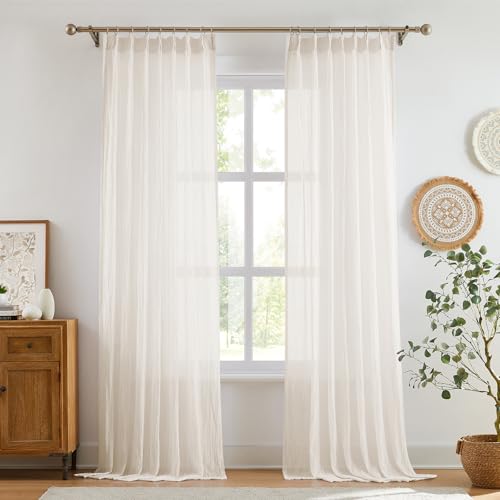 Condition photo showing Good Condition for Melodieux Semi Sheer Curtains 84 Inches Long, Pinch Pleated and Back Tab Outdoor Curtains with Hooks, Cotton Light Filtering Curtain & Drapes for Living Room Bedroom, 2 Panels, 40x84 Inch, Cream