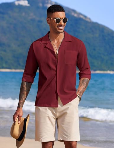 Image of DEELMO Mens Casual Button Down Shirt Summer Beach Shirts Long Sleeve Cuban Collared Tropical Textured Shirts