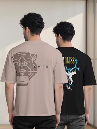 Image of BULLMER Trendy Front and Back Printed Oversized Round Neck T-Shirt for Men - Pack of 2