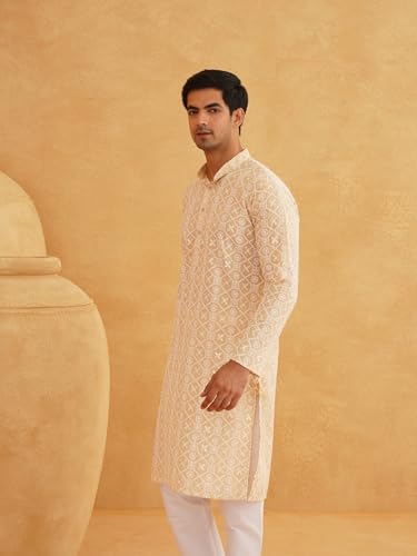 Sojanya (Since 1958 Men's Ethnic Motifs Embroidered Regular Thread Work Cotton Beige Long Kurta