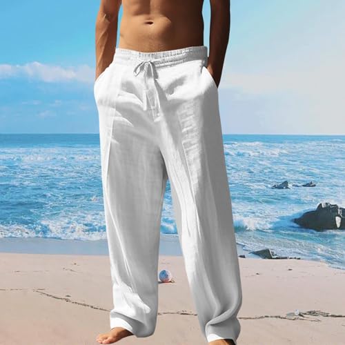 Thatrich Beach Pants for Men Cotton Linen Casual Pants Wide Leg Low Waist Summer Sweatpants Vacation Trousers with Pockets2
