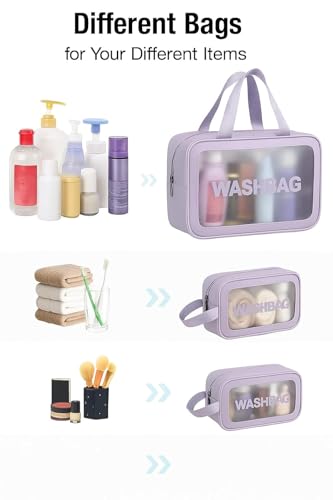 Image of KASHIVAL 3-Piece Clear Travel Toiletry Bags Set, Waterproof Transparent Makeup Organizer Pouches with Zipper, Large Medium Small Cosmetic Storage Cases with Carrying Handle (Purple)