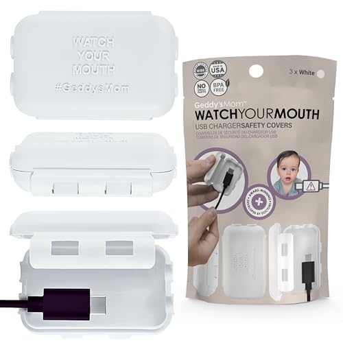 Image of Baby Proof USB Charger Cover – Child-Resistant Cord Tip Enclosure for Standard USB Charging Cables – (3 Pack, White)