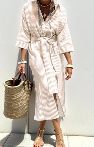 Image of chouyatou Women's Summer 3 /4 Sleeve Striped Shirt Dress Belted Maxi Long Casual Button Down Beach Dress