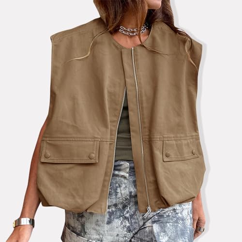 Acrawnni Cargoweste für Damen, übergroße Größe, lässig, ärmellos, lockere Passform, durchgehender Reißverschluss, gerüschter Saum, Blazerjacke, Weste mit Taschen, A-camel, M
