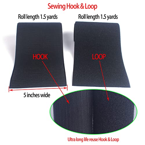 Image of HUAYY Sew on Hook and Loop Style,Non-Adhesive Nylon Strips Fabric,Black,5 Inches Width 1.5 Yards Length (5in x 1.5yd)