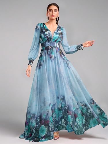 Image of TOLEEN Summer Casual Dresses for Women 2024 Spring Fashion Boho V Neck Long Sleeve Ruffle Floral Print Elegant Maxi Dress