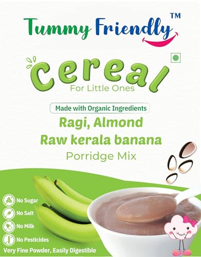 Image of TummyFriendly Foods Certified Organic Sprouted Ragi, Almonds, Raw Kerala Banana Porridge Mix | Made of Sprouted Ragi Powder, Almond Cereal Organic Baby Food for 8 Month. Sprouted for Calcium, Iron | Maximum Nutrition From Real Food | Available in Trial Baby Packs too | Shelf-life 9 month | 200g (RagiKeralaBanana200g)