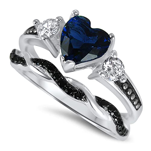 LaRaso & Co Sterling Silver Bridal Ring Set Simulated Sapphire Blue Heart Cut CZ Size 52