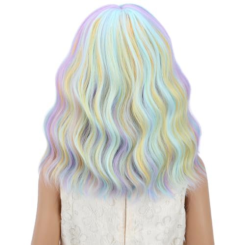 Image of Rainwow Wig Short Rainbow Wavy Curly Wigs Colorful Wig with Air Bangs Synthetic Cosplay Hair Wigs
