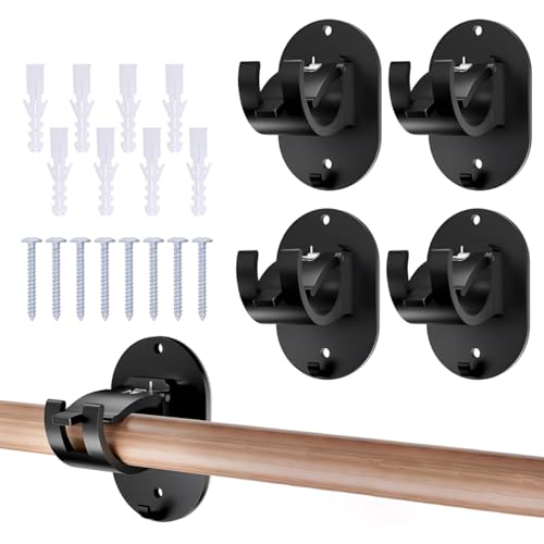 4 Pcs Self Adhesive Curtain Rod Bracket, No Drill Curtain Pole Brackets, Adjustable Adhesive Curtain Rod Holder, No Drilling Curtain Adhesive Hooks with Screw, Used for Kitchen Home Bathroom(Black)