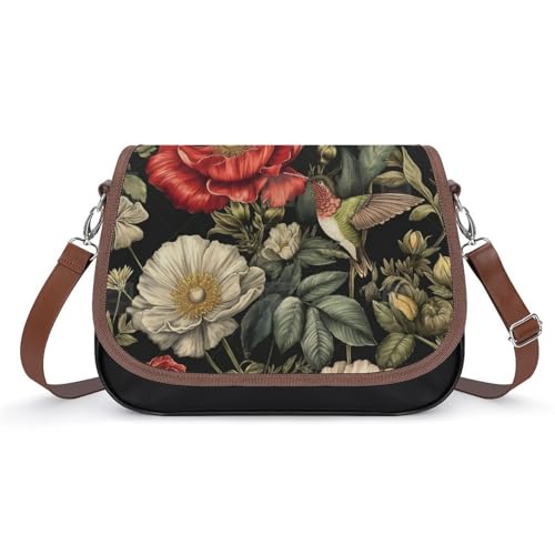 Sac messager imperméable colibri rose et fleurs en cuir pour femme