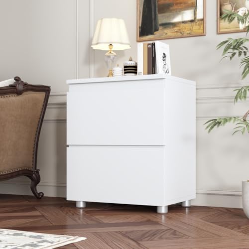 Image of Modern Nightstand with 2 Drawers, Modern Handleless Bedside Table for Small Spaces, Compact Wood End Table for Bedroom, White 15.7 inch W x 11.6 inch D x 18.9 inch H