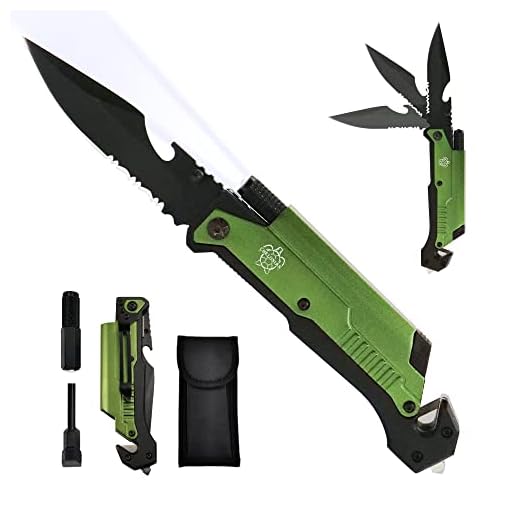 CHELONIAN 8.5" Military Outdoor Hunting Camping Pocket Knife, 7 in 1 Multi-Function Folding Knives with Fire Starter LED Light Seatbelt Cutter Glass Breaker Bottle Opener Tactical Blade (Green)
