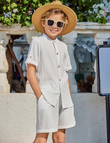 Image of Arshiner Boy's 2 Piece Beach Outfit Short Sleeve Textured Button Down Shirt and Short Sets Summer Vacation Wear 4-12 Years
