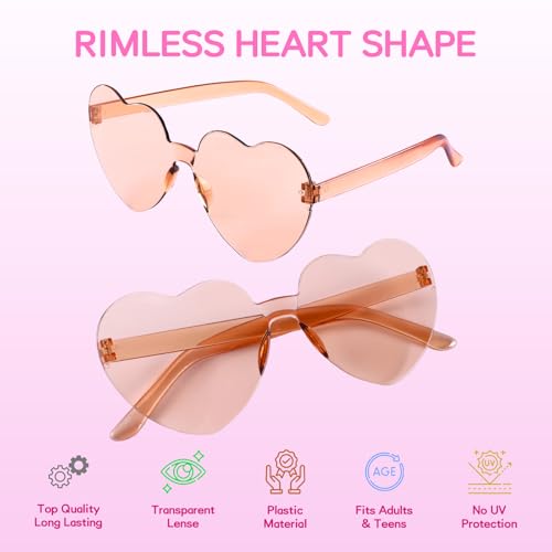 48 Pack Heart Shaped Sunglasses 12 Colors Unbreakable PC UV400 Protection, Trendy Rimless Glasses for Women Men Kids, Bulk Party Accessories for Beach Vacation Birthday Photo Props3