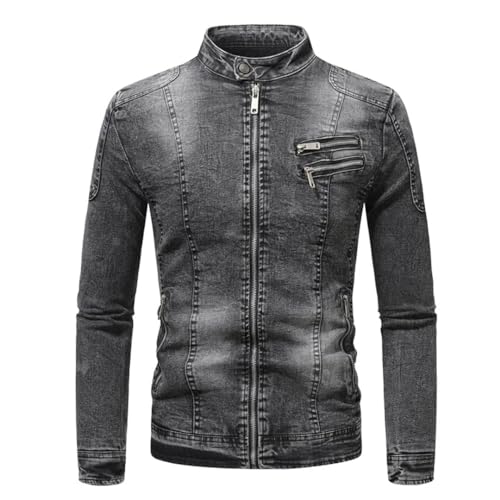Men Motorcycle Denim Jacket Men Retro Zippers Stand Collar Denim Coats4