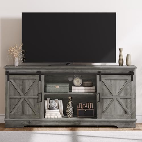 DWVO TV Stand for TVs up to 65 Inch, Farmhouse Entertainment Center with Storage Cabinets and Sliding Barn Doors, Rustic Media TV Console Table for Living Room, Grey